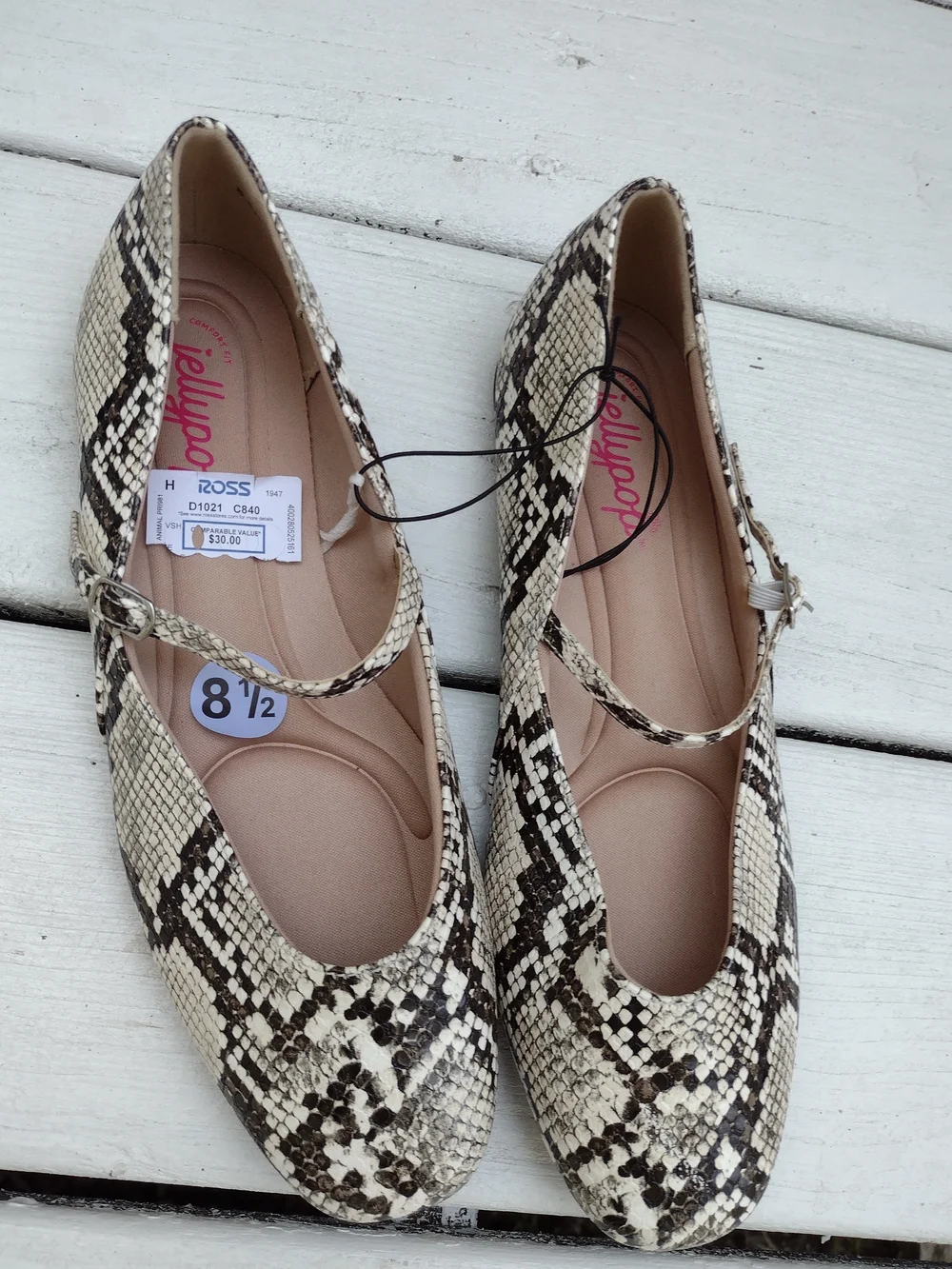 Jellypop Beige and Black Snake-Print Mary Jane Flats